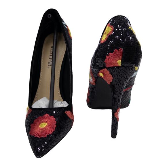 JustFab Black Sequin Red Floral Embroidered Pointed Toe Stiletto High Heels 6 - Picture 7 of 14